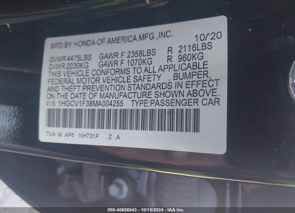 2021 HONDA ACCORD SPORT VIN: 1HGCV1F38MA004255