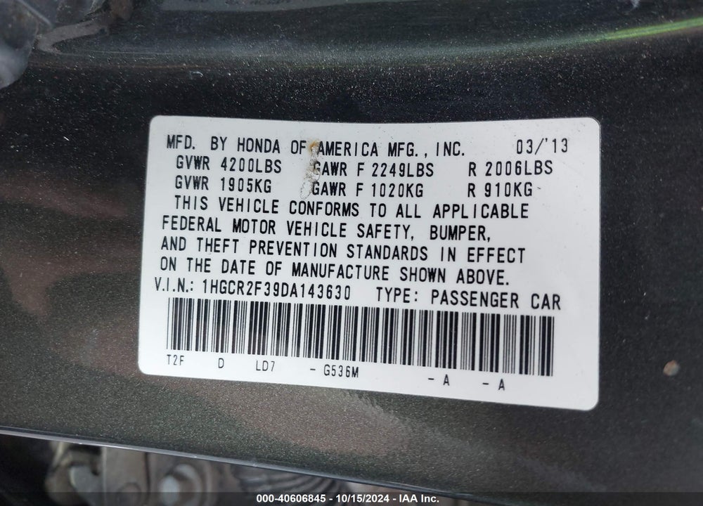2013 HONDA ACCORD LX VIN: 1HGCR2F39DA143630