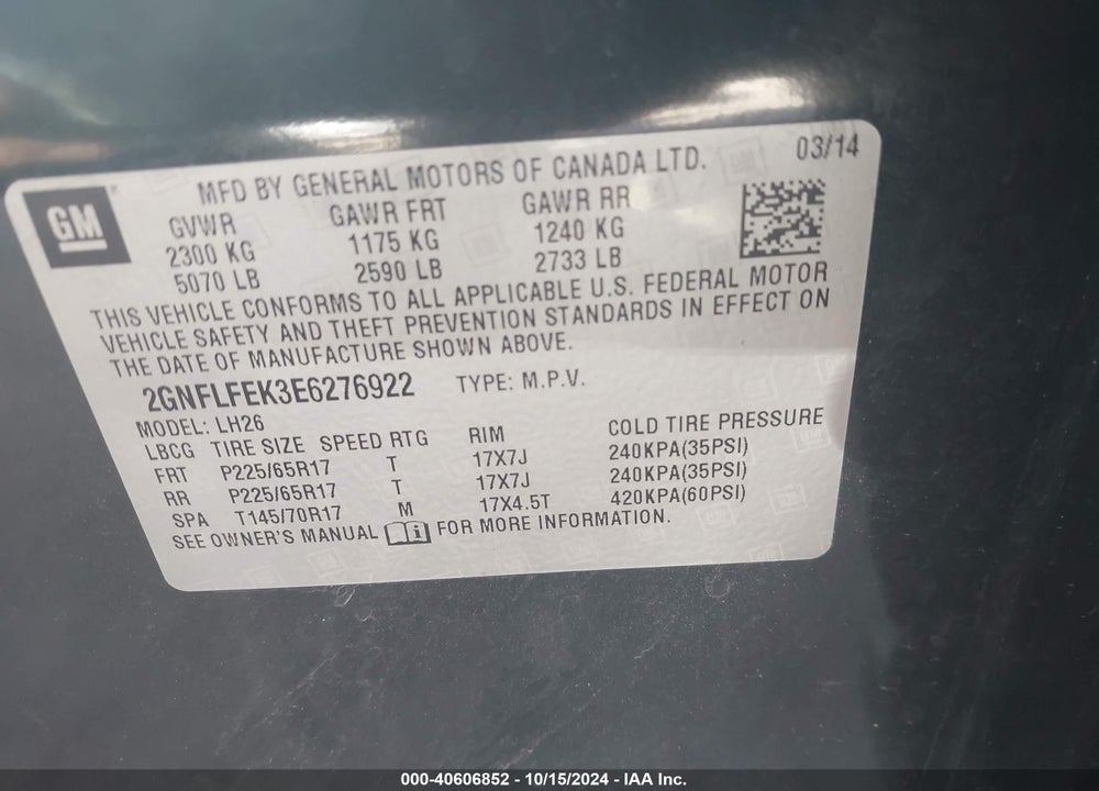 2014 CHEVROLET EQUINOX 1LT VIN: 2GNFLFEK3E6276922