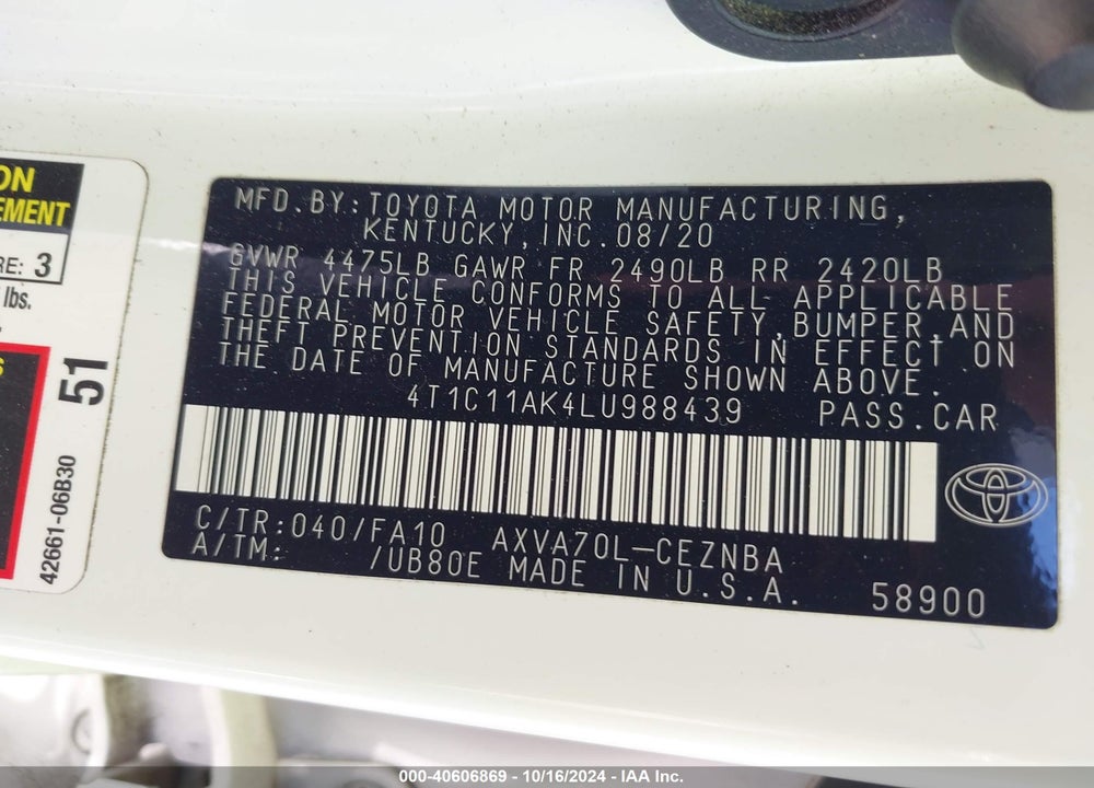 2020 TOYOTA CAMRY LE VIN: 4T1C11AK4LU988439
