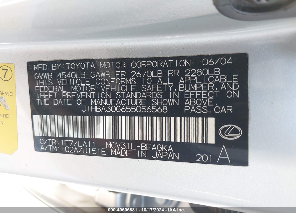 2005 LEXUS ES 330 VIN: JTHBA30G655056568