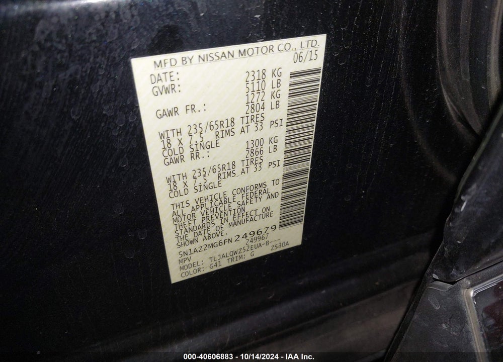 2015 NISSAN MURANO SV VIN: 5N1AZ2MG6FN249679