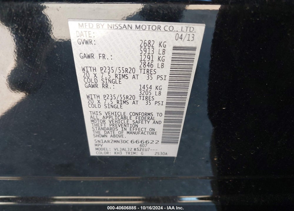 2013 NISSAN PATHFINDER PLATINUM VIN: 5N1AR2MN3DC666622