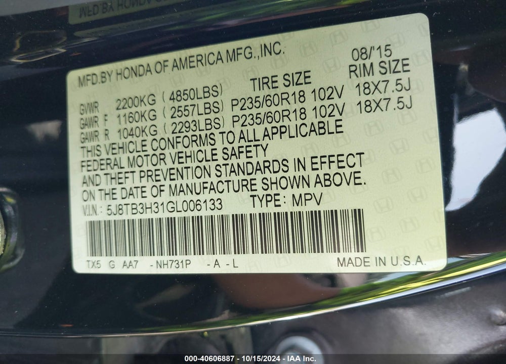 2016 ACURA RDX WATCH PLUS PKG VIN: 5J8TB3H31GL006133
