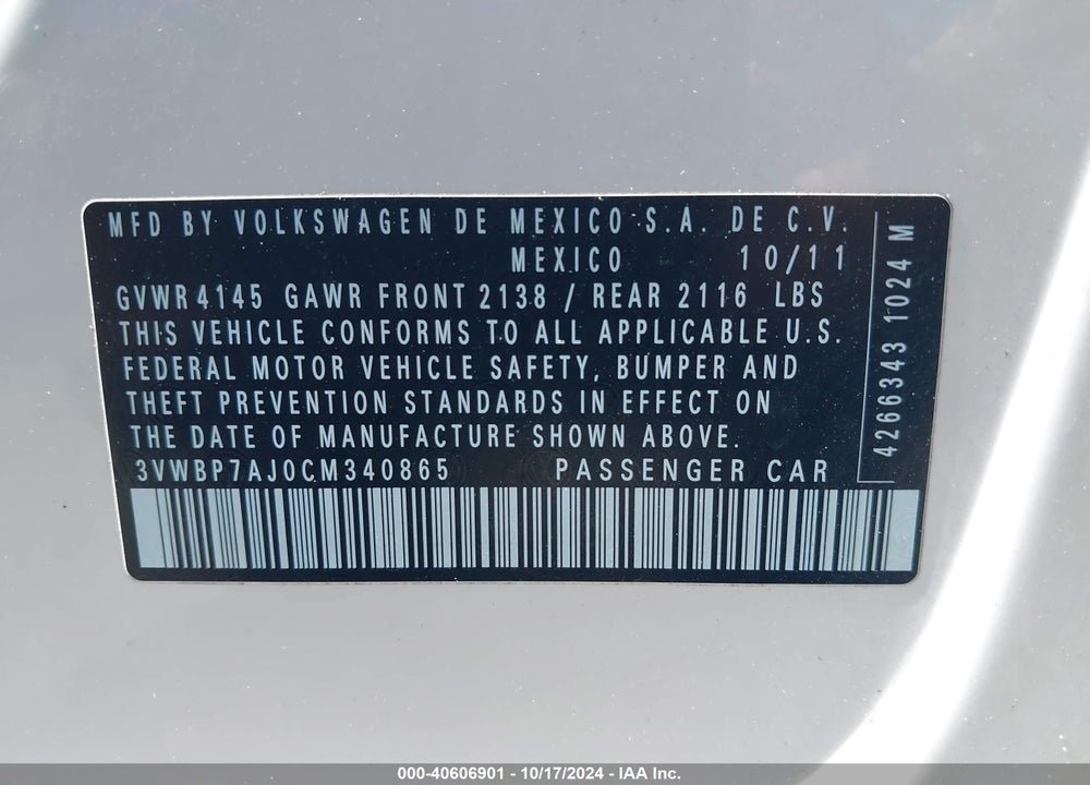 2012 VOLKSWAGEN JETTA VIN: 3VWBP7AJ0CM340865