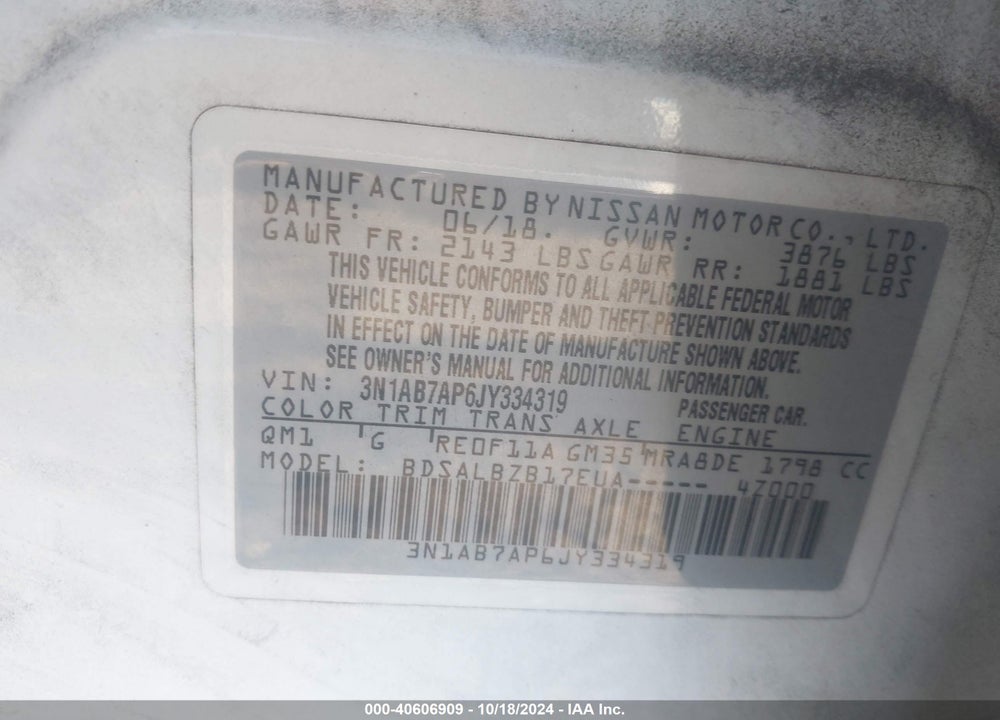 2018 NISSAN SENTRA S VIN: 3N1AB7AP6JY334319