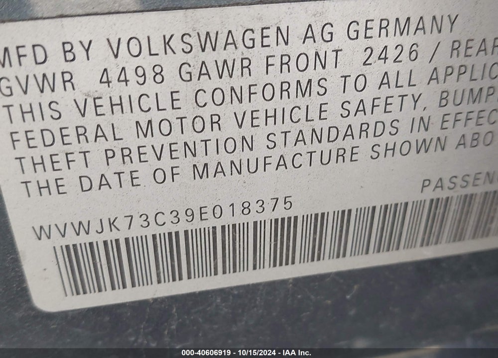 2009 VOLKSWAGEN PASSAT KOMFORT VIN: WVWJK73C39E018375