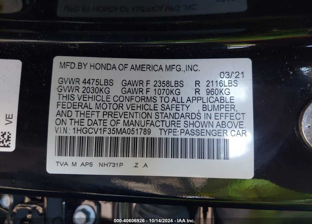 2021 HONDA ACCORD SPORT VIN: 1HGCV1F35MA051789