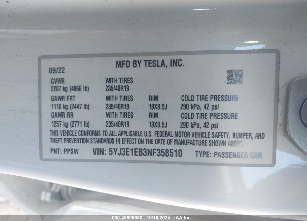 2022 TESLA MODEL 3 LONG RANGE DUAL MOTOR ALL-WHEEL DRIVE VIN: 5YJ3E1EB3NF358510