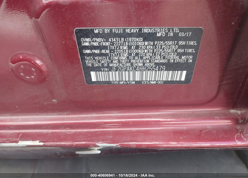 2017 SUBARU CROSSTREK 2.0I LIMITED VIN: JF2GPAKC4HH255479