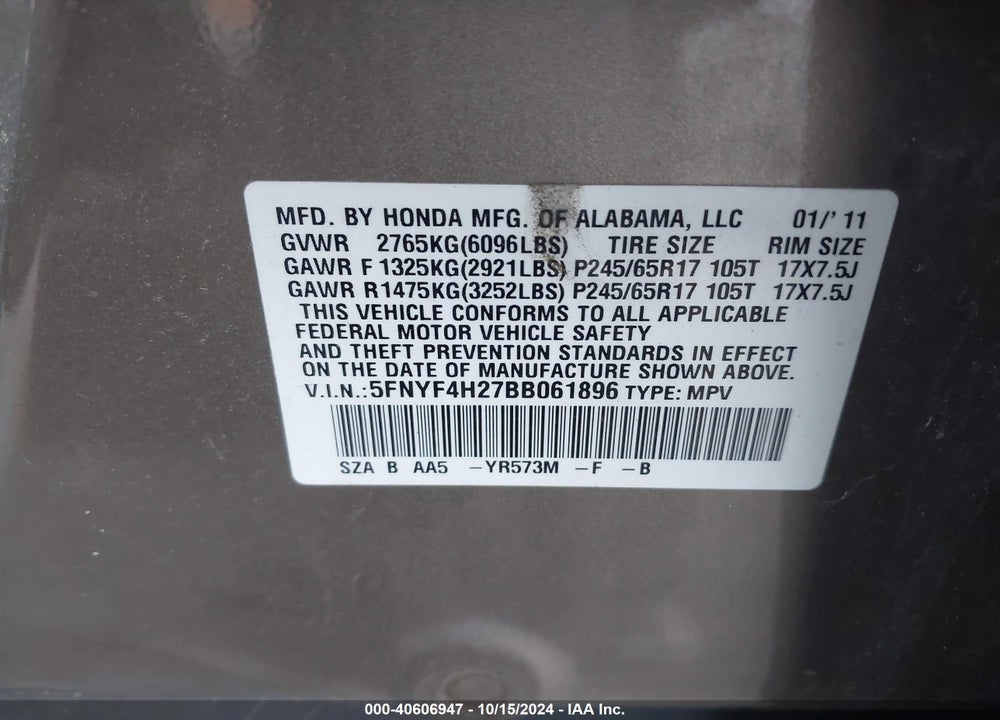 2011 HONDA PILOT LX VIN: 5FNYF4H27BB061896