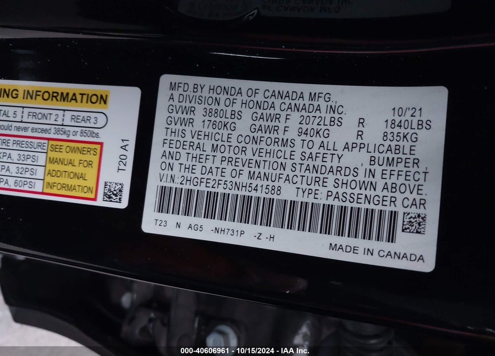 2022 HONDA CIVIC SPORT VIN: 2HGFE2F53NH541588