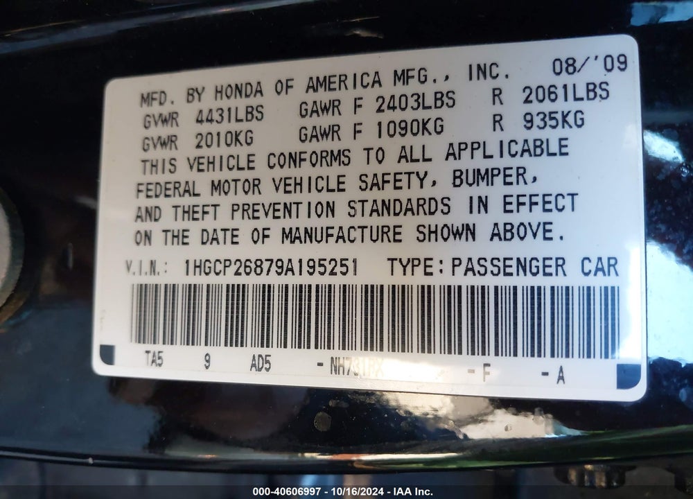 2009 HONDA ACCORD 2.4 EX-L VIN: 1HGCP26879A195251