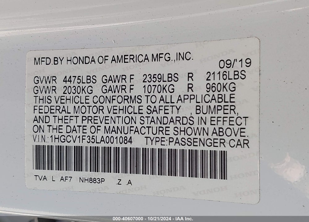 2020 HONDA ACCORD SPORT VIN: 1HGCV1F35LA001084