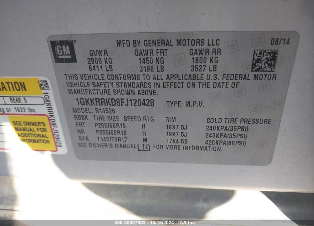 2015 GMC ACADIA SLT-1 VIN: 1GKKRRKD8FJ120428