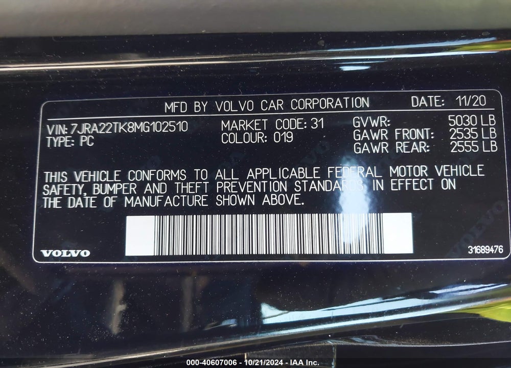2021 VOLVO S60 T6 MOMENTUM VIN: 7JRA22TK8MG102510