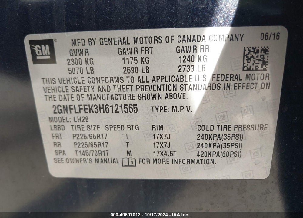 2017 CHEVROLET EQUINOX LT VIN: 2GNFLFEK3H6121565