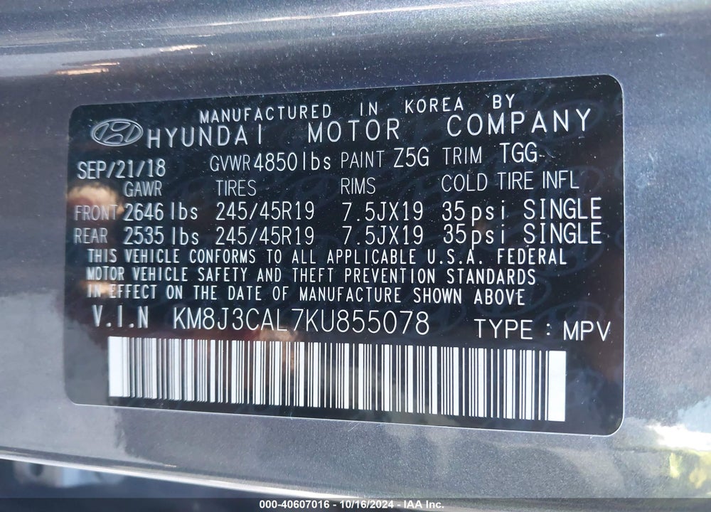 2019 HYUNDAI TUCSON SPORT VIN: KM8J3CAL7KU855078