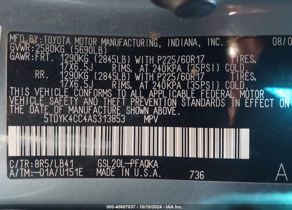 2010 TOYOTA SIENNA XLE VIN: 5TDYK4CC4AS313853