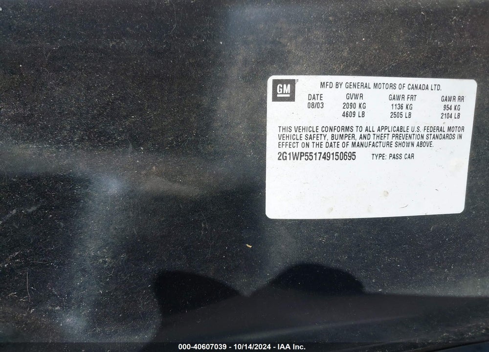 2004 CHEVROLET IMPALA SS SUPERCHARGED VIN: 2G1WP551749150695