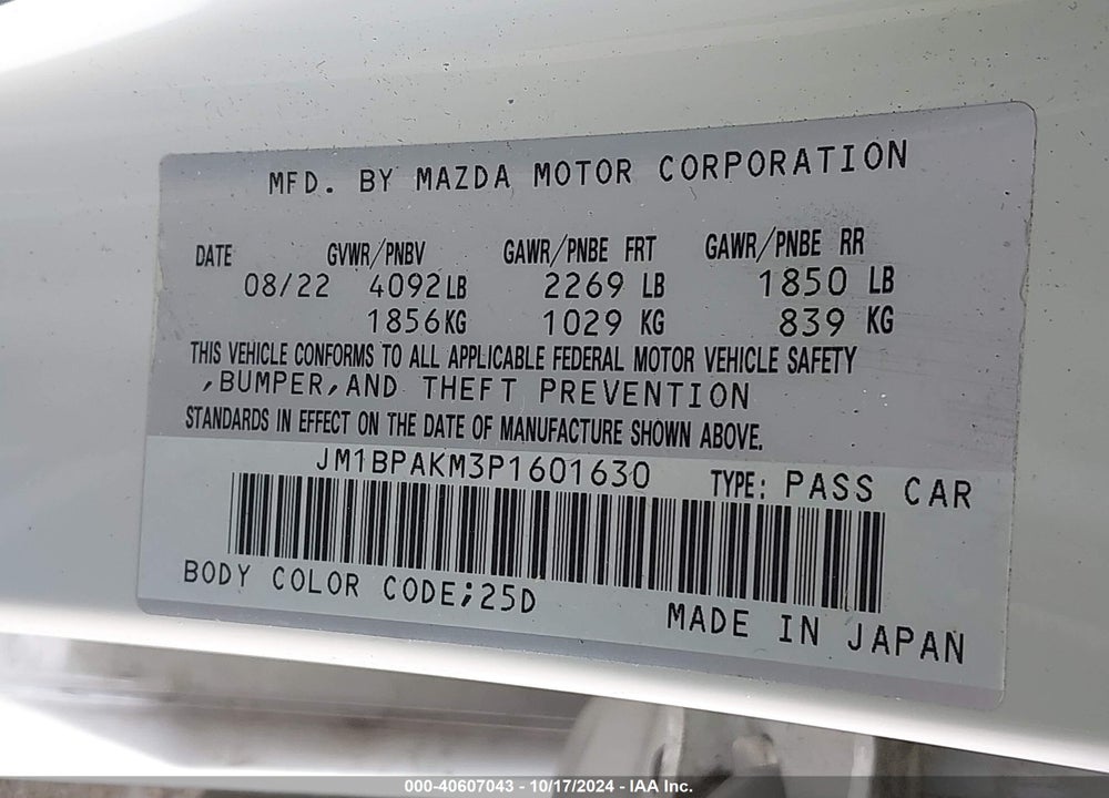 2023 MAZDA 3 2.5 S SELECT VIN: JM1BPAKM3P1601630