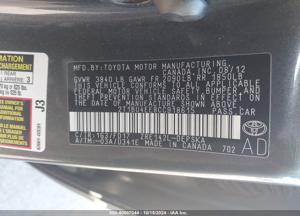 2012 TOYOTA COROLLA S VIN: 2T1BU4EE8CC918615