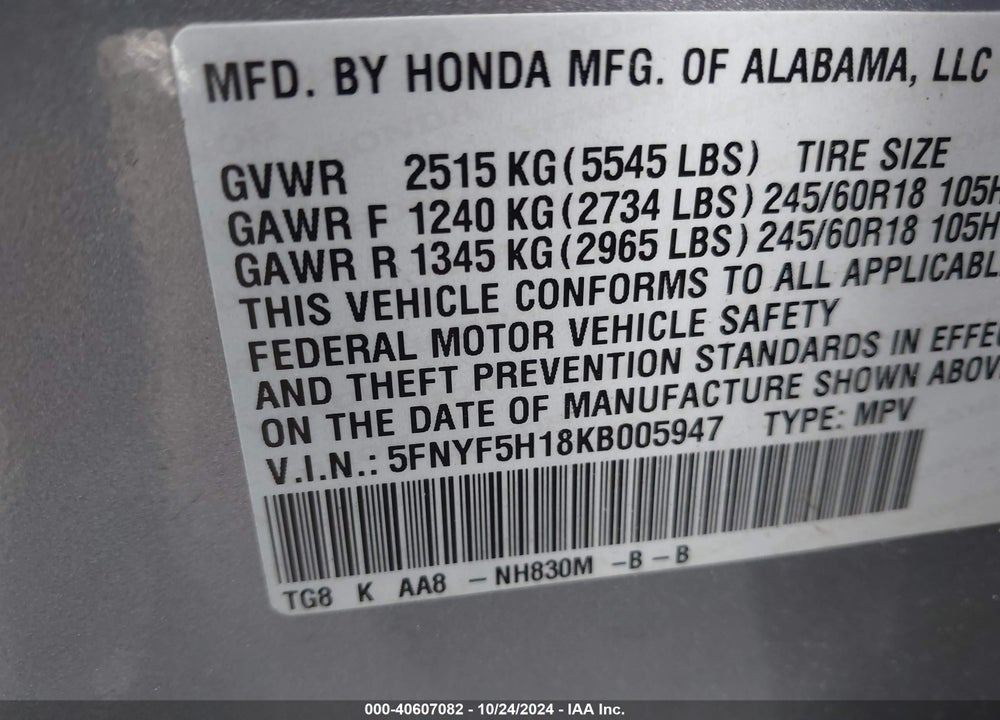 2019 HONDA PILOT LX VIN: 5FNYF5H18KB005947
