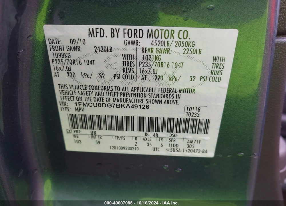 2011 FORD ESCAPE XLT VIN: 1FMCU0DG7BKA49126