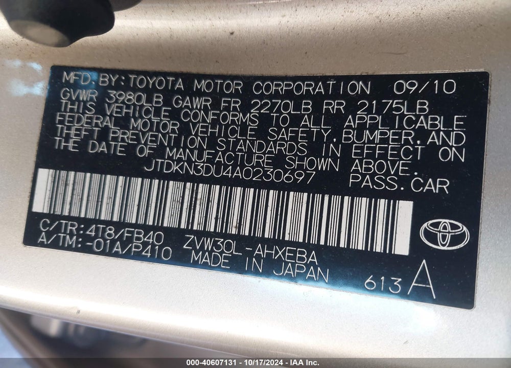 2010 TOYOTA PRIUS II VIN: JTDKN3DU4A0230697