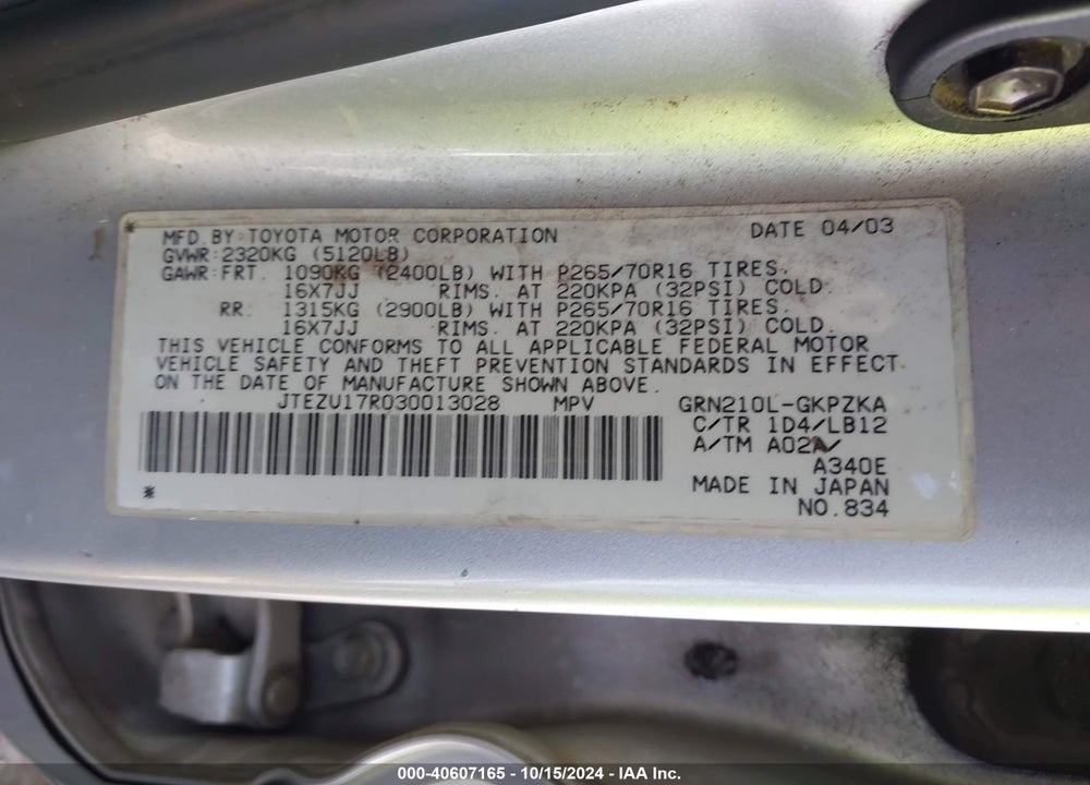 2003 TOYOTA 4RUNNER LIMITED V6 VIN: JTEZU17R030013028