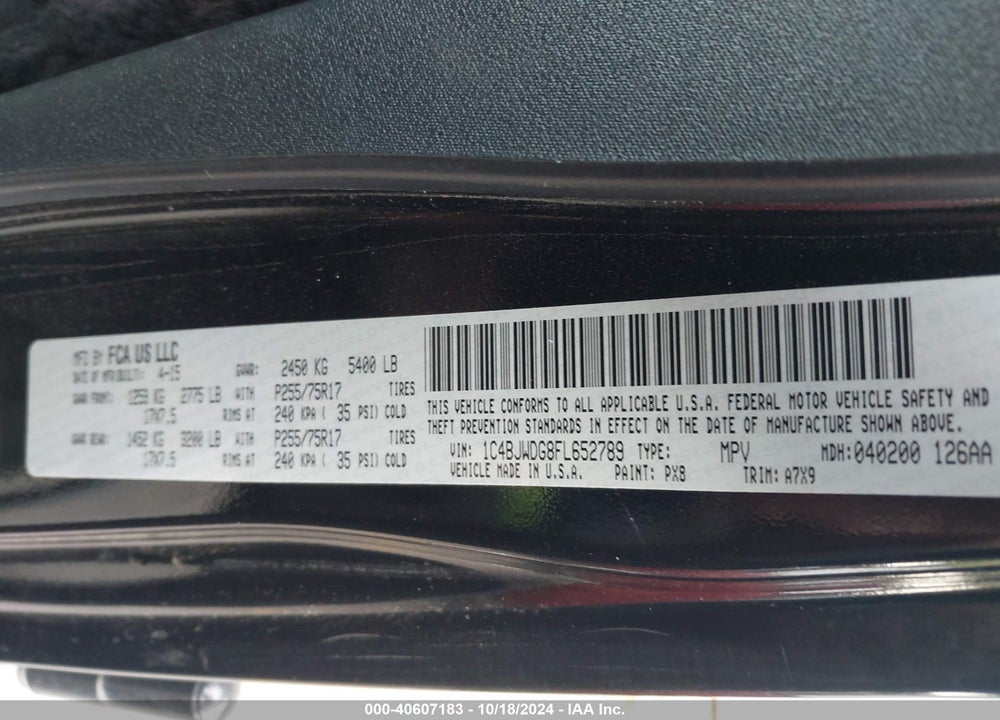 2015 JEEP WRANGLER UNLIMITED SPORT VIN: 1C4BJWDG8FL652789