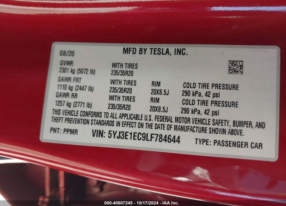2020 TESLA MODEL 3 PERFORMANCE DUAL MOTOR ALL-WHEEL DRIVE VIN: 5YJ3E1EC9LF784644