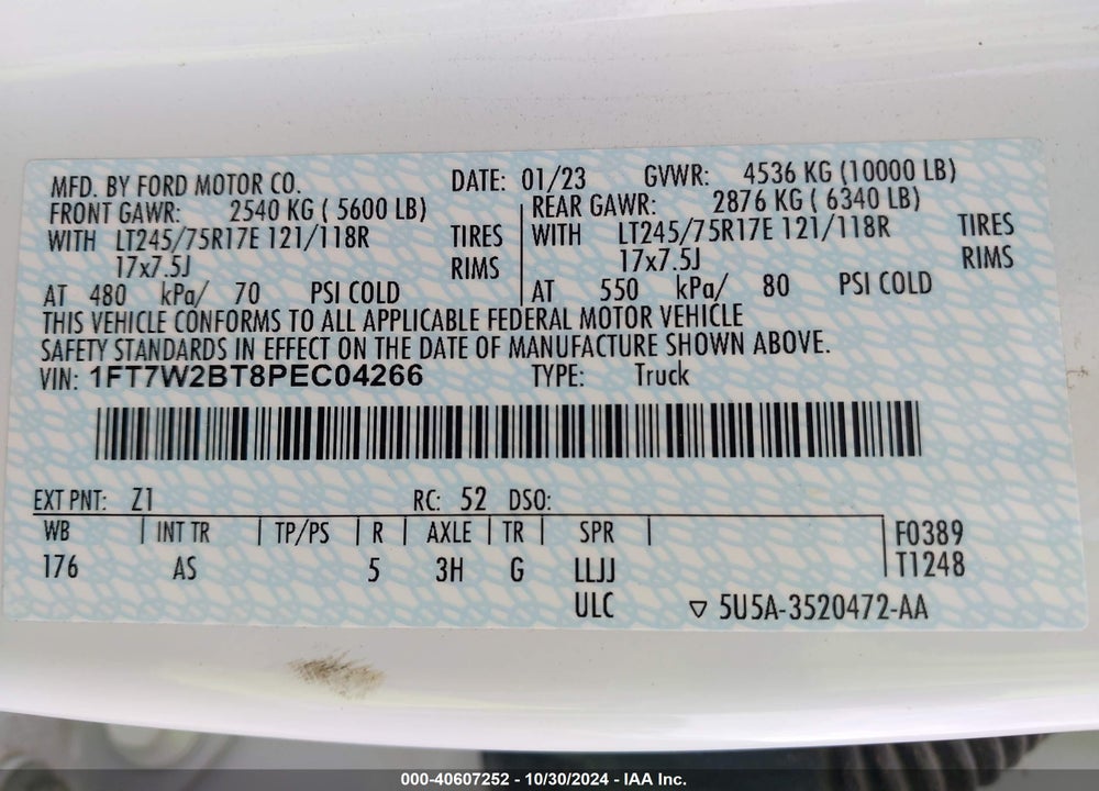 2023 FORD F250 SUPER DUTY VIN: 1FT7W2BT8PEC04266