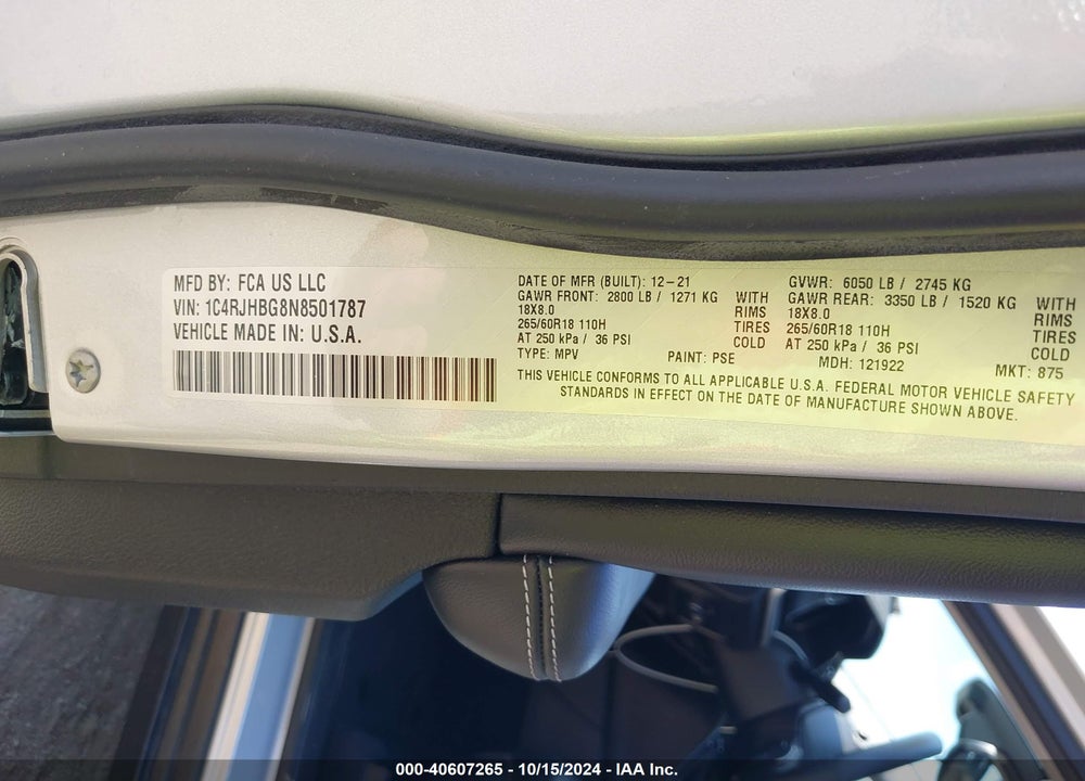 2022 CHEROKEE JEEP GRAND  LIMITED 4X4 VIN: 1C4RJHBG8N8501787