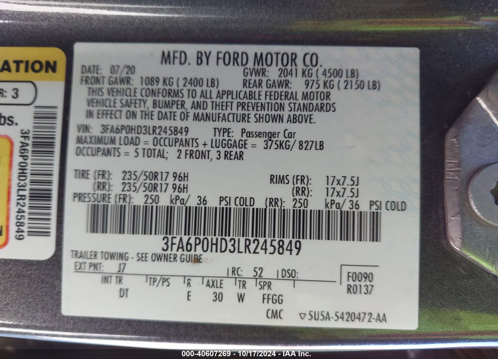 2020 FORD FUSION SE VIN: 3FA6P0HD3LR245849