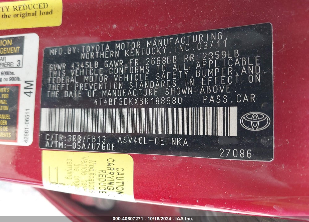2011 TOYOTA CAMRY LE VIN: 4T4BF3EKXBR188980
