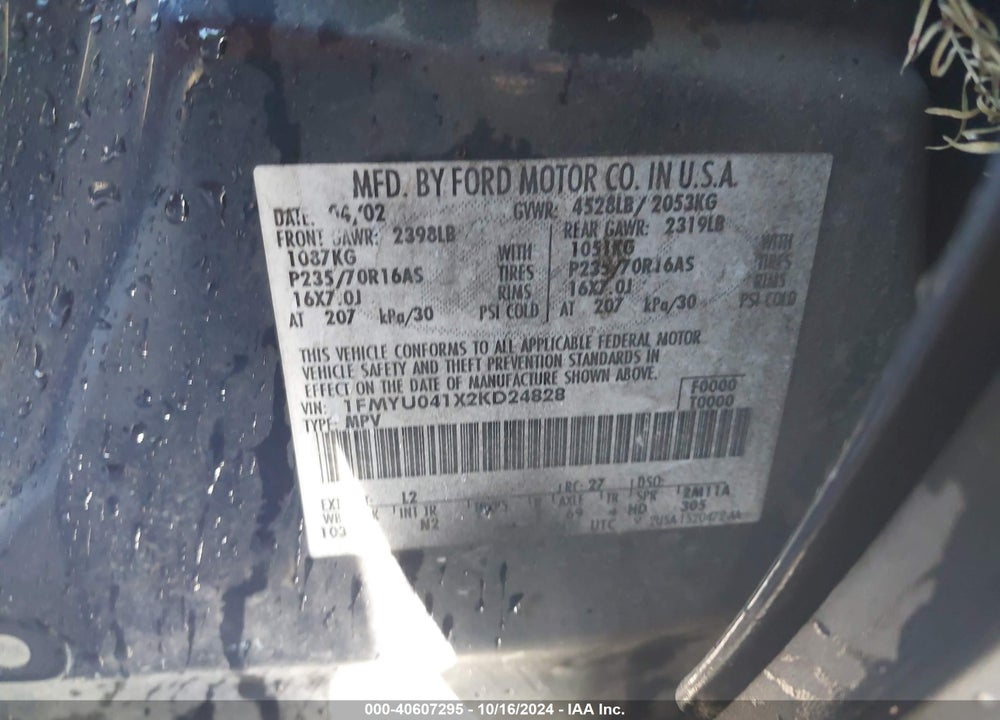 2002 FORD ESCAPE XLT VIN: 1FMYU041X2KD24828