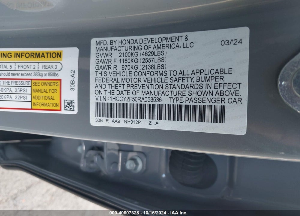 2024 HONDA ACCORD HYBRID SPORT VIN: 1HGCY2F50RA053536