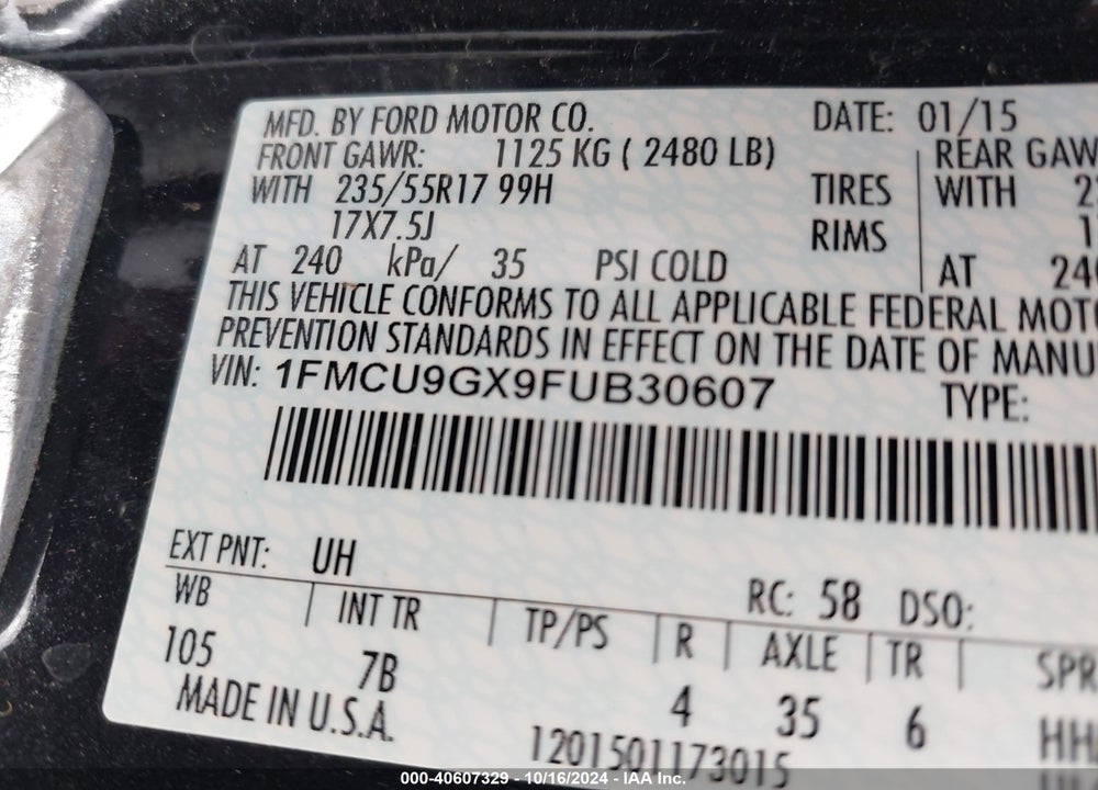 2015 FORD ESCAPE SE VIN: 1FMCU9GX9FUB30607