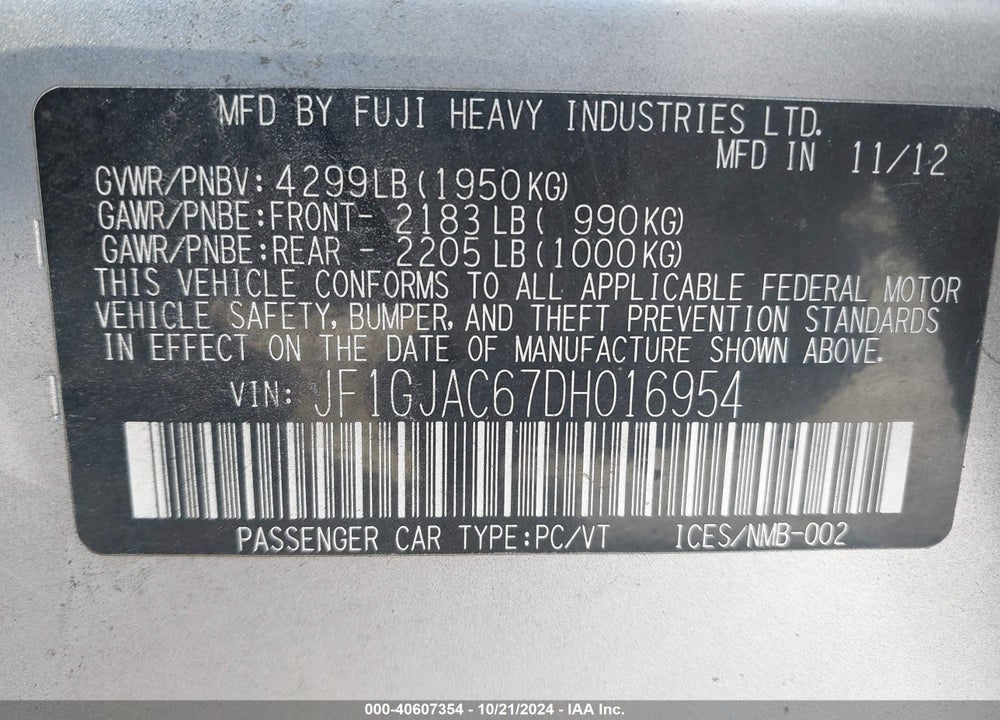 2013 SUBARU IMPREZA 2.0I PREMIUM VIN: JF1GJAC67DH016954