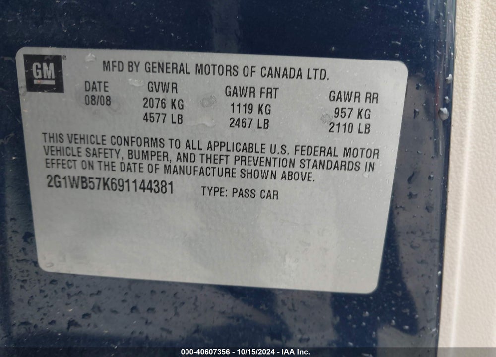 2009 CHEVROLET IMPALA LS VIN: 2G1WB57K691144381
