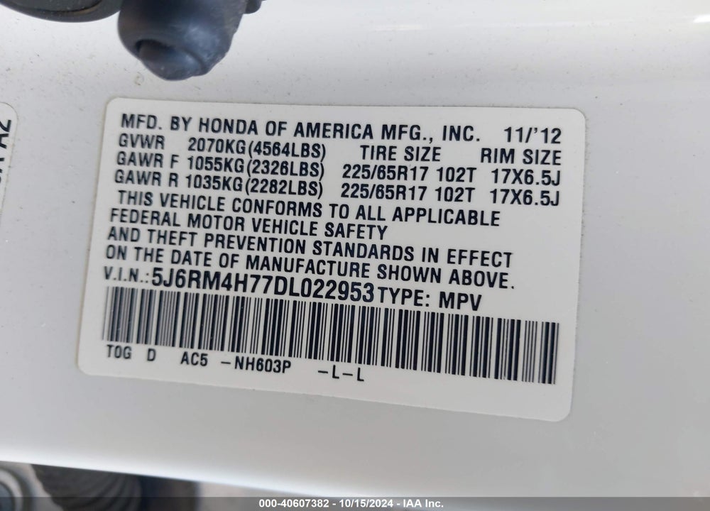 2013 HONDA CR-V EX-L VIN: 5J6RM4H77DL022953