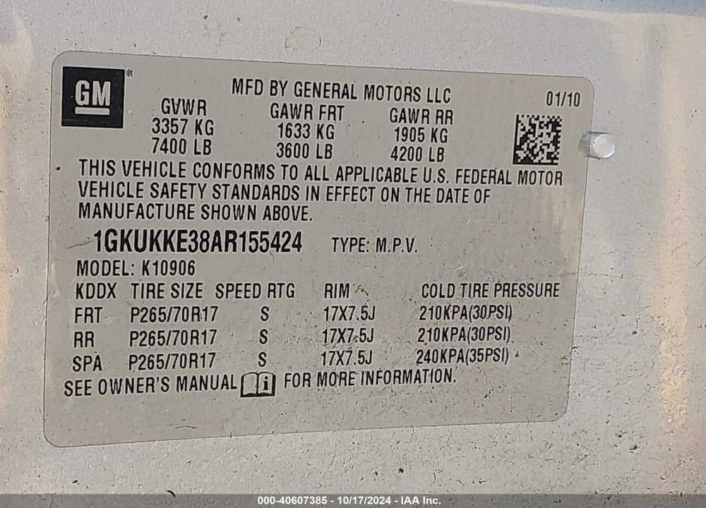 2010 GMC YUKON XL 1500 SLT VIN: 1GKUKKE38AR155424