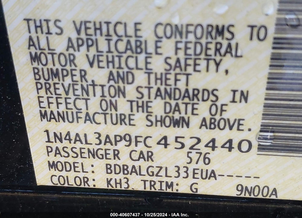 2015 NISSAN ALTIMA 2.5 S VIN: 1N4AL3AP9FC452440