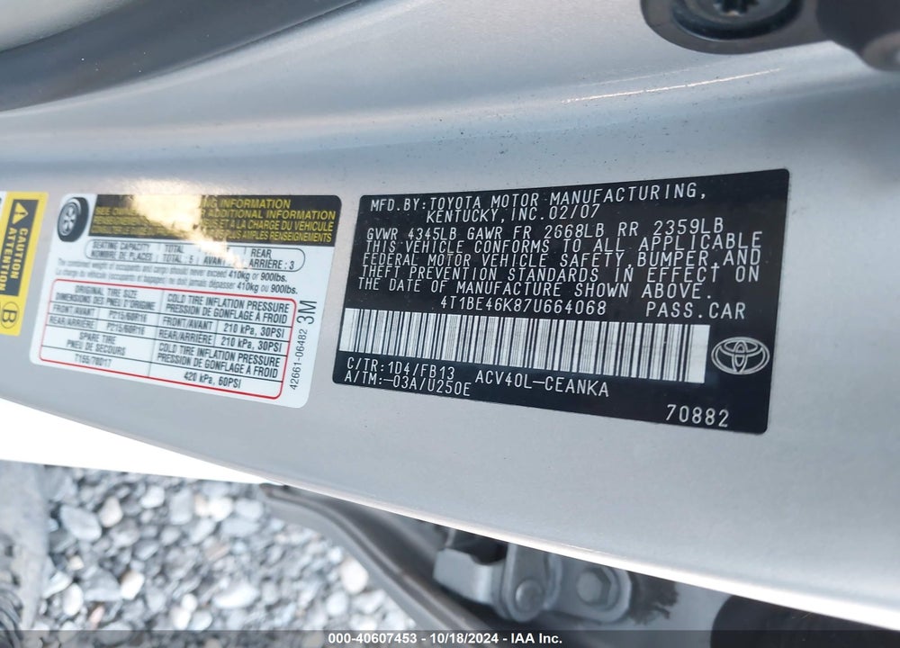 2007 TOYOTA CAMRY CE VIN: 4T1BE46K87U664068