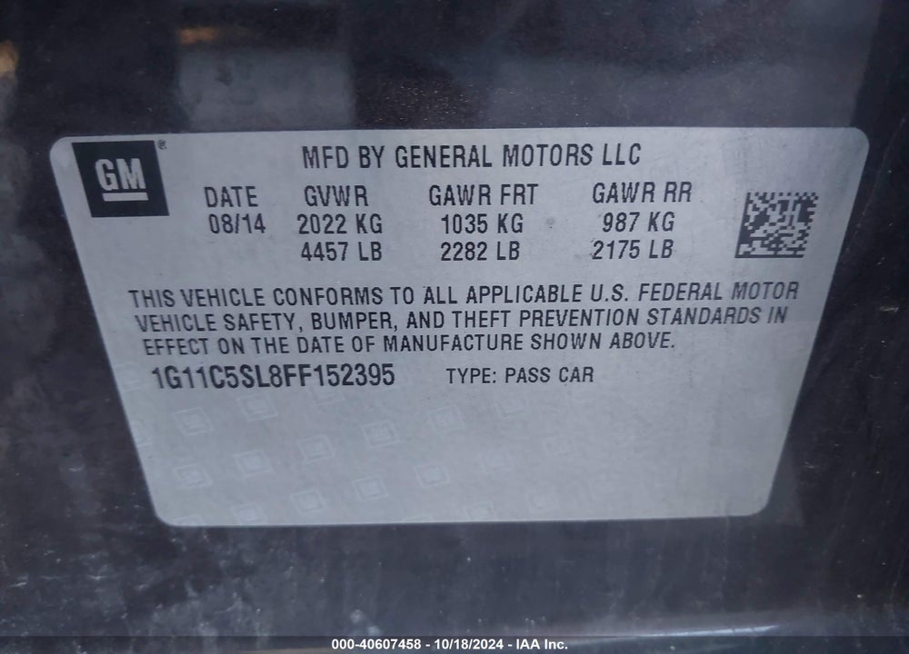 2015 CHEVROLET MALIBU 1LT VIN: 1G11C5SL8FF152395
