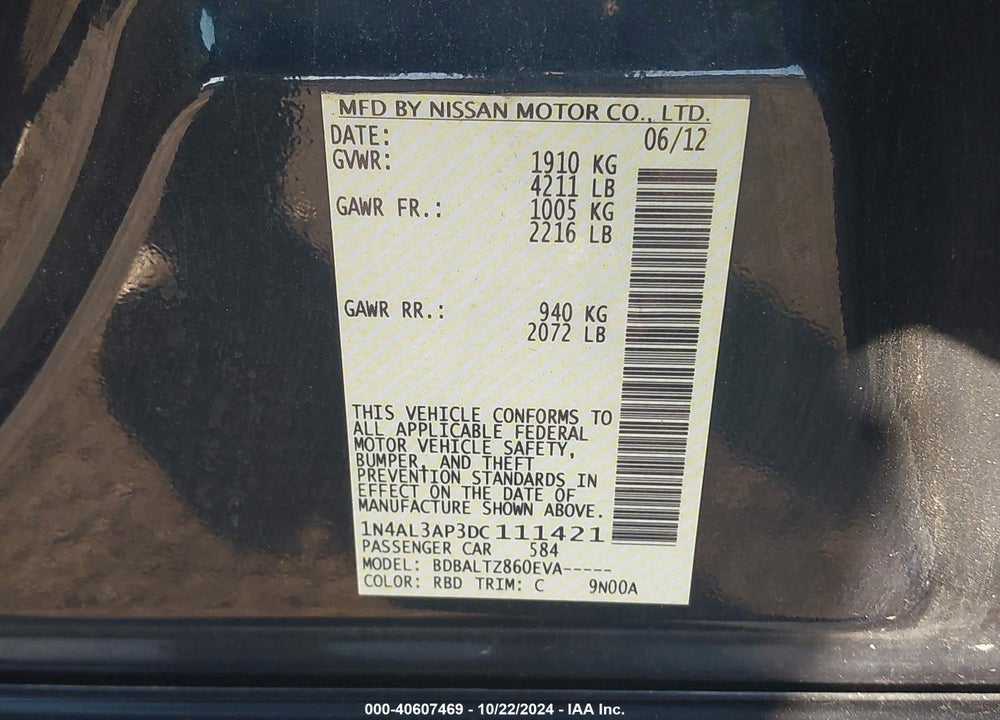 2013 NISSAN ALTIMA 2.5 SV VIN: 1N4AL3AP3DC111421