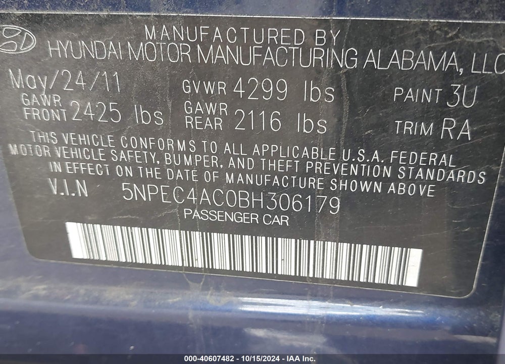 2011 HYUNDAI SONATA LIMITED VIN: 5NPEC4AC0BH306179