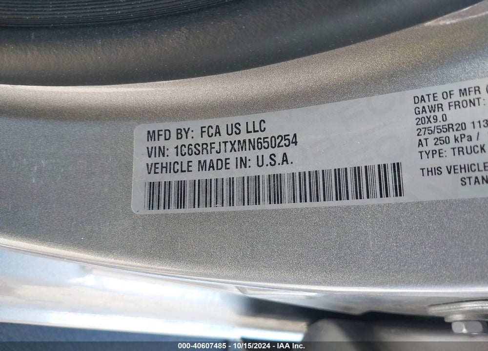 2021 RAM 1500 LAIE  4X4 5'7 BOX VIN: 1C6SRFJTXMN650254