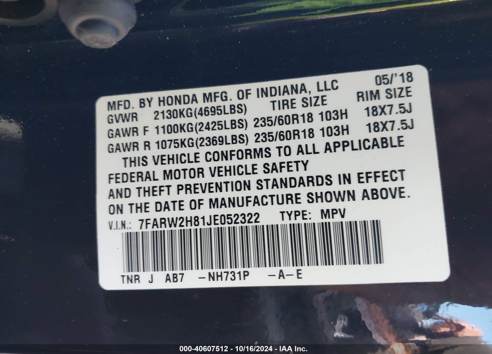 2018 HONDA CR-V EX-L/EX-L NAVI VIN: 7FARW2H81JE052322